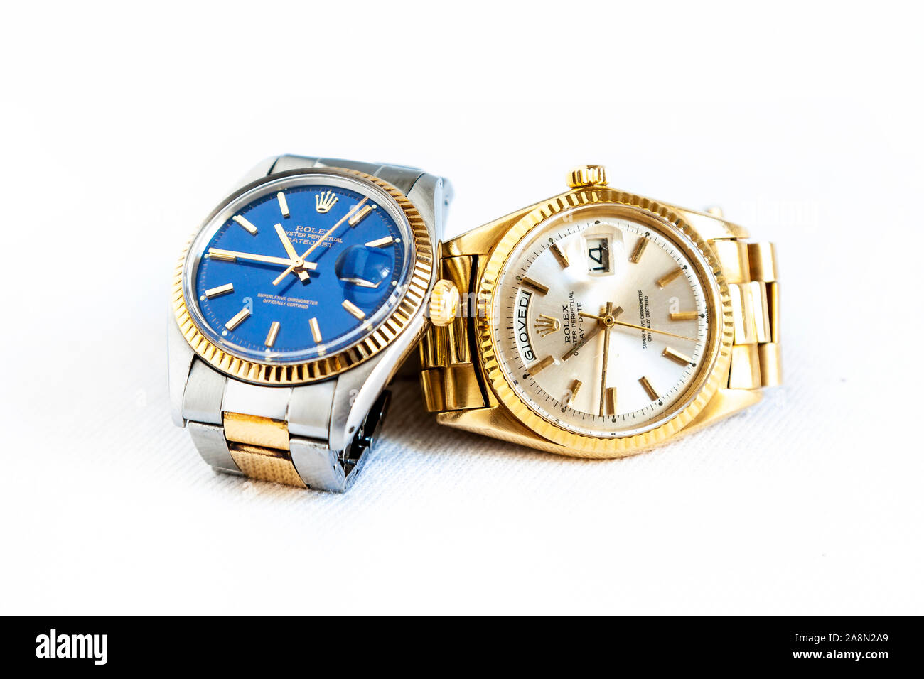 CREMONA, ITALY - MARCH, 2019: Rolex Oyster Perpetual Day- Date and Oyster  Blue watch on white background. Rolex SA is an important Swiss luxury compa  Stock Photo - Alamy