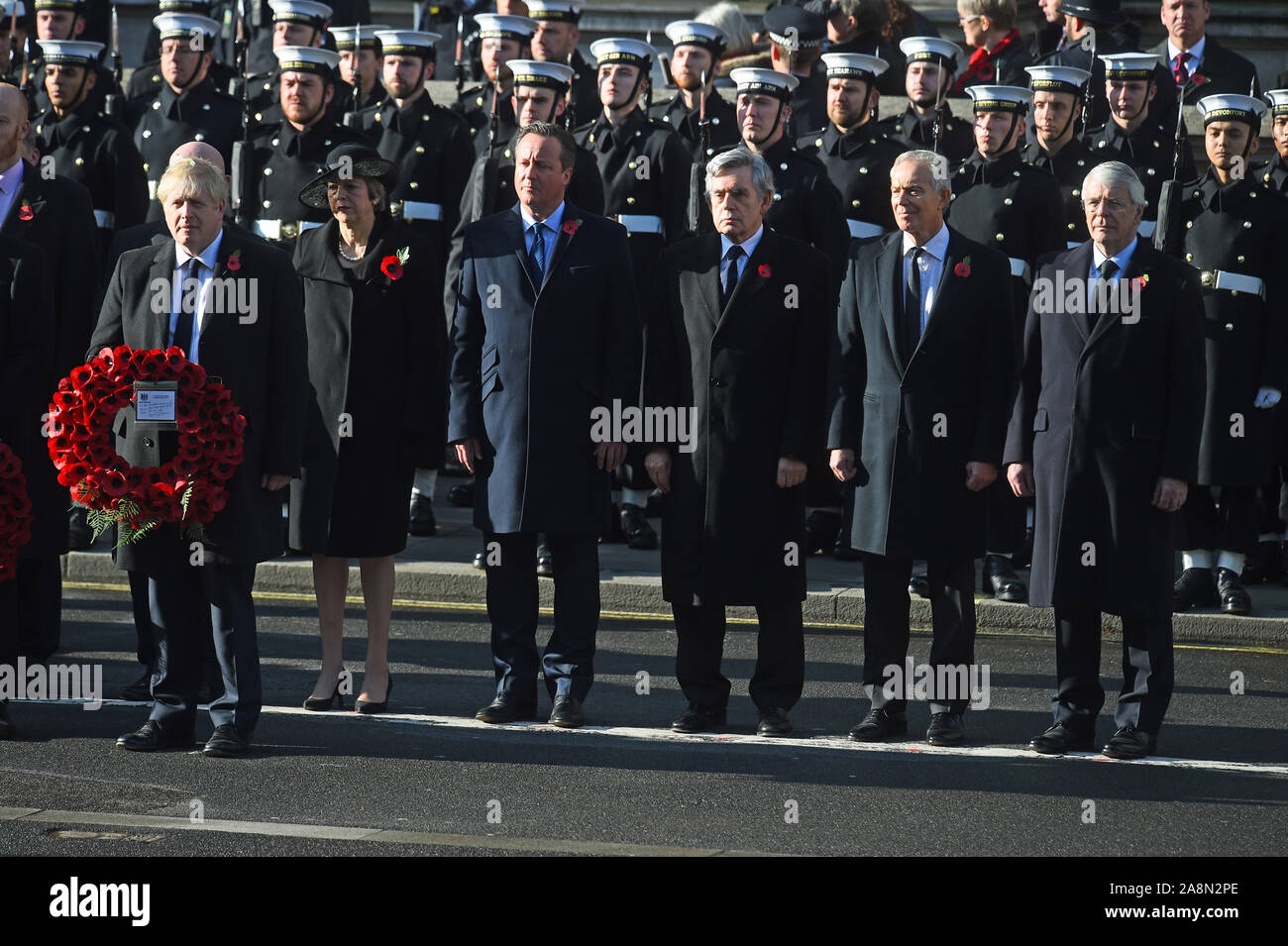(left to right) Prime Minister Boris Johnson and former prime ministers Theresa May, David Cameron, Gordon Brown, Tony Blair and John Major during the Remembrance Sunday service at the Cenotaph memorial in Whitehall, central London. Stock Photo