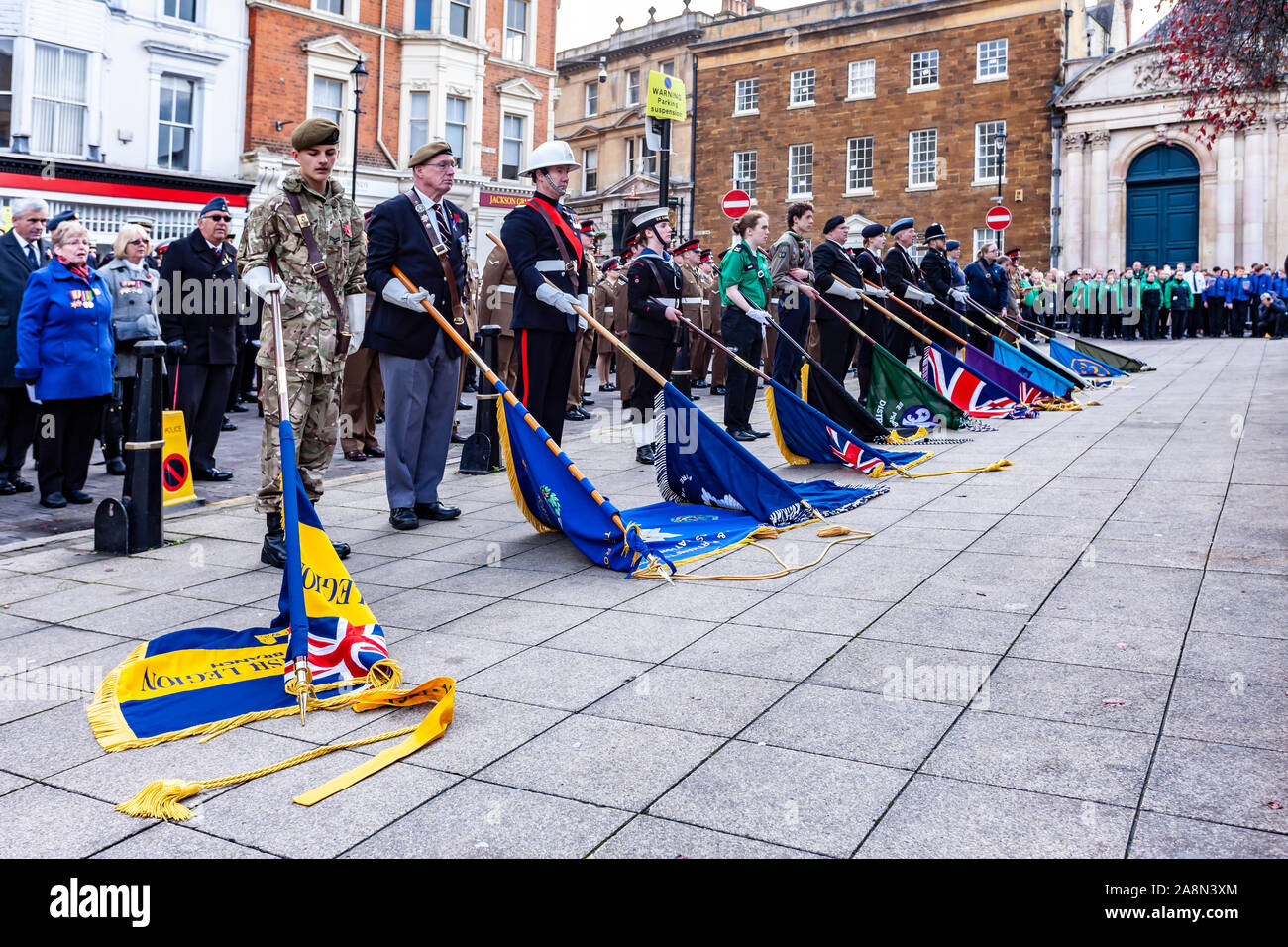 Northampton, UK. 10th November 2019. Northampton honours members of the armed forces who have lost their lives in the line of duty with a Remembrance Day parade. The Northampton Pipe Band and the Air Training corps Band lead the parade around the town. Credit: Keith J Smith./Alamy Live News Stock Photo