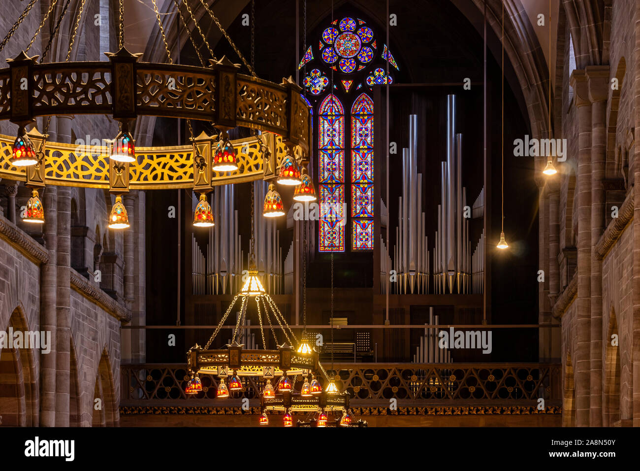 Basel Minster or Cathedral interior architecture. View of the big Mathis organ. Switzerland. Stock Photo