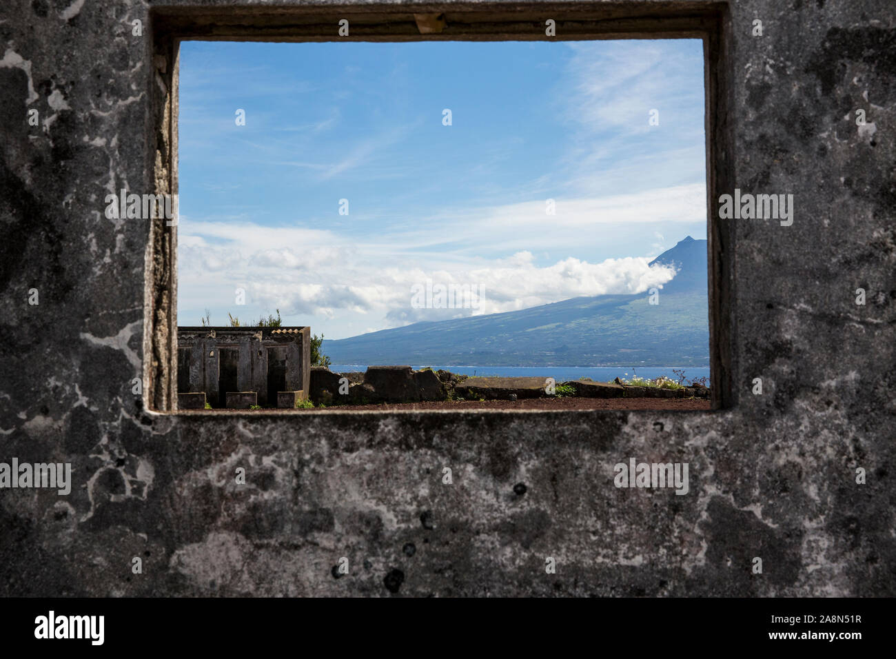 Pico viewed from the ruins of Ribeirinha lighthouse. Faial, Azores, Portugal Stock Photo