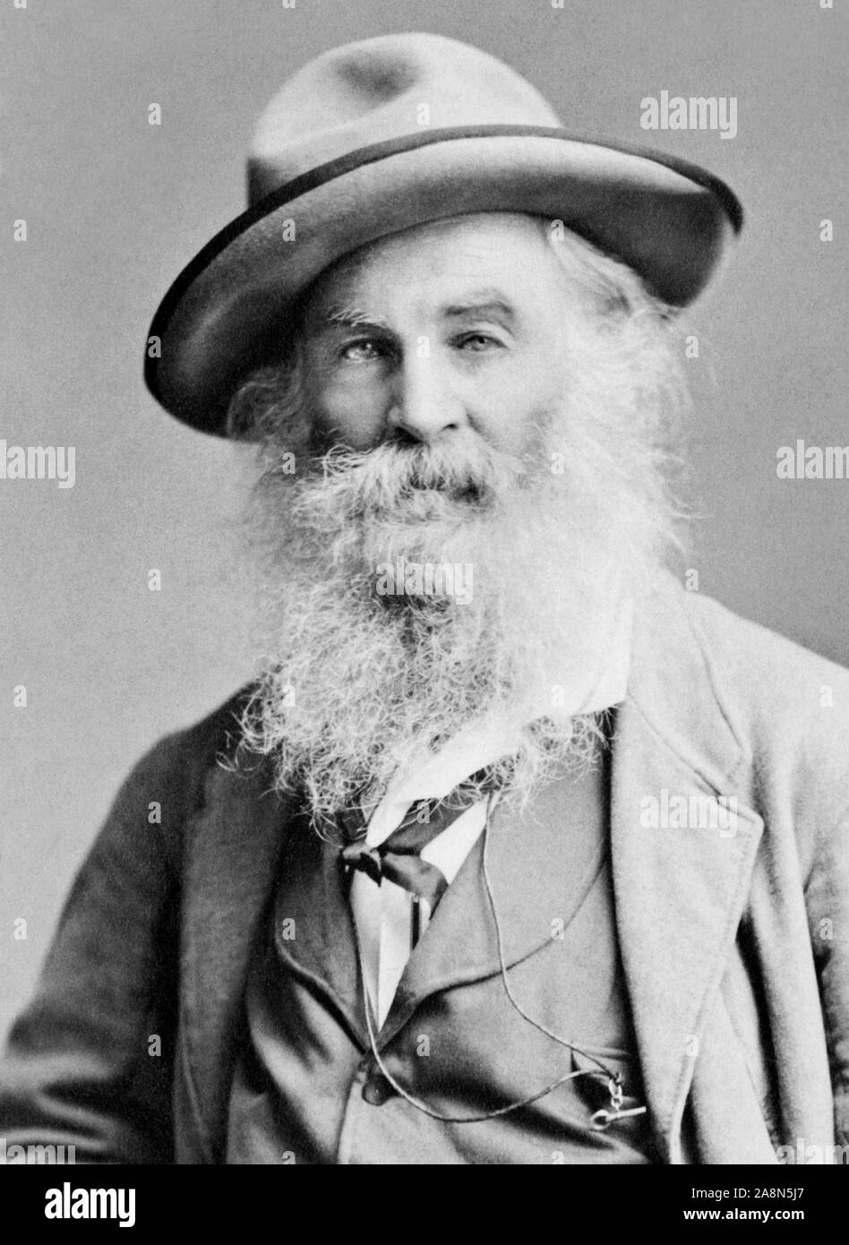 Vintage portrait photo of American poet, essayist and journalist Walt Whitman (1819 – 1892). Photo circa 1885 by Brady of New York. Stock Photo