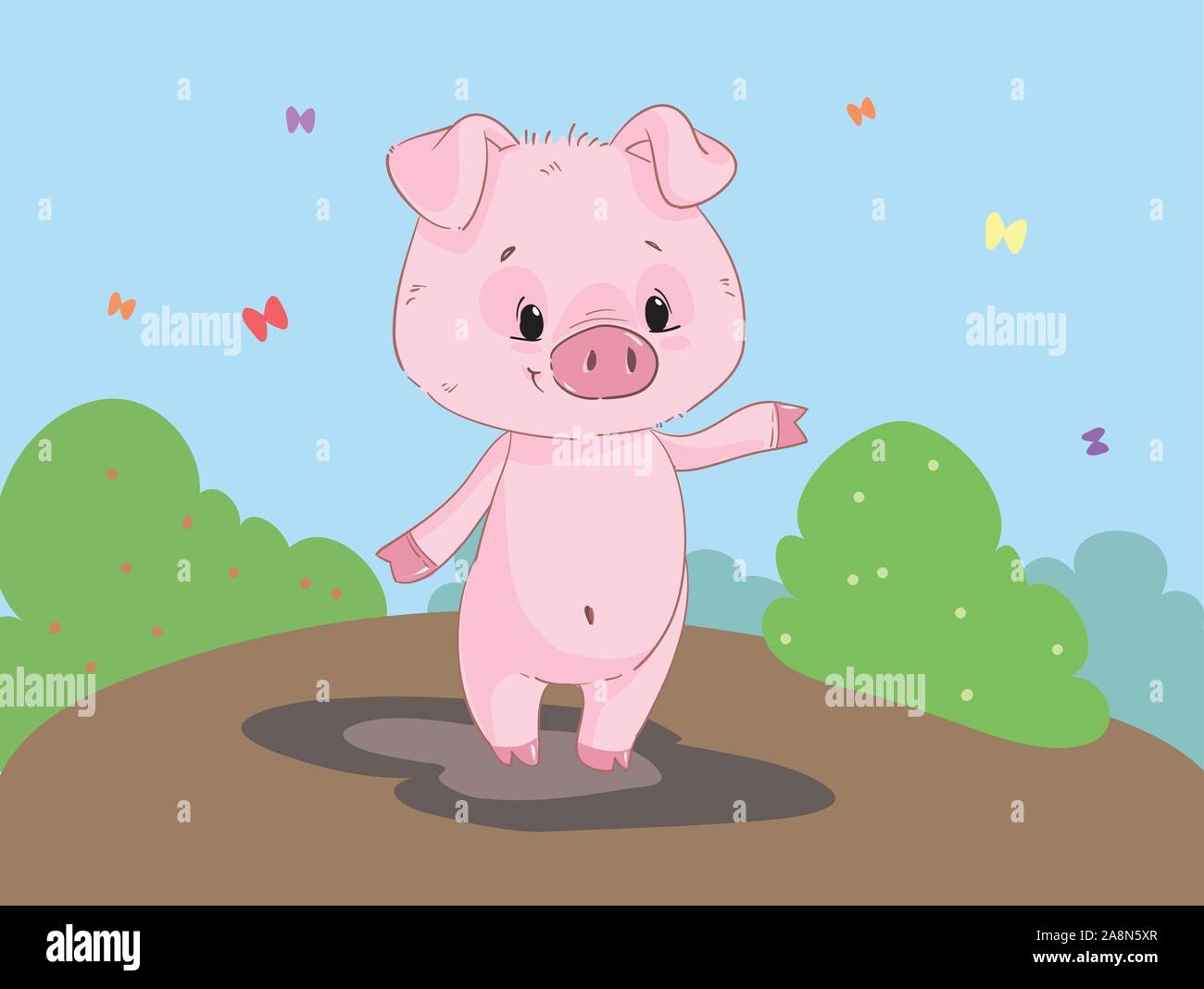 Cute funny pig cartoon clipart with background Stock Vector