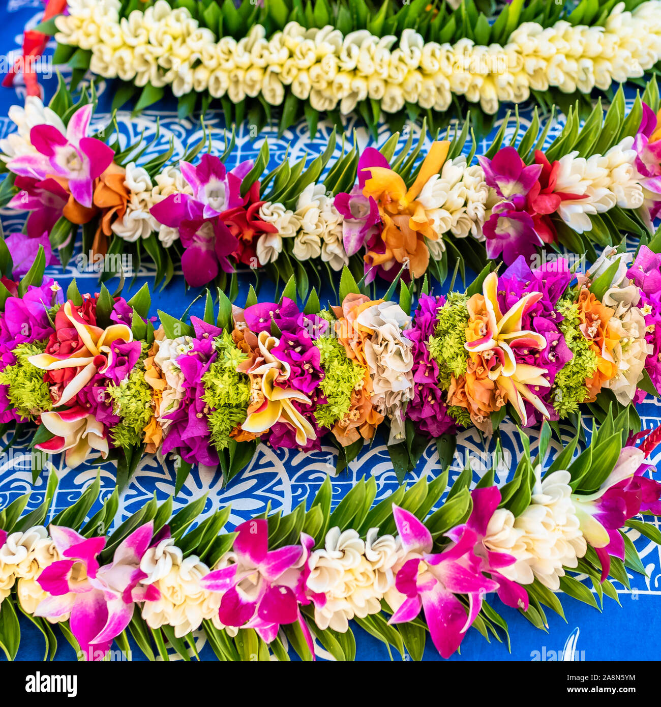 Garlands of flowers in French Polynesia, traditional flowers crowns