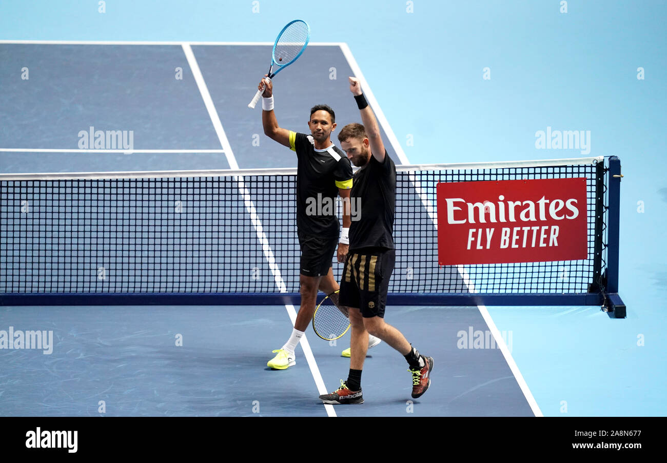 Raven Klaasen and Michael Venus celebrate their victory on day one of the Nitto ATP Finals at The O2 Arena, London. Stock Photo