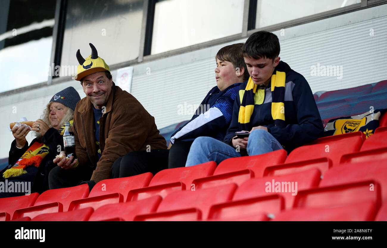 General view Oxford United fan before the FA Cup First Round match at the SKYEx Community Stadium, London. Stock Photo