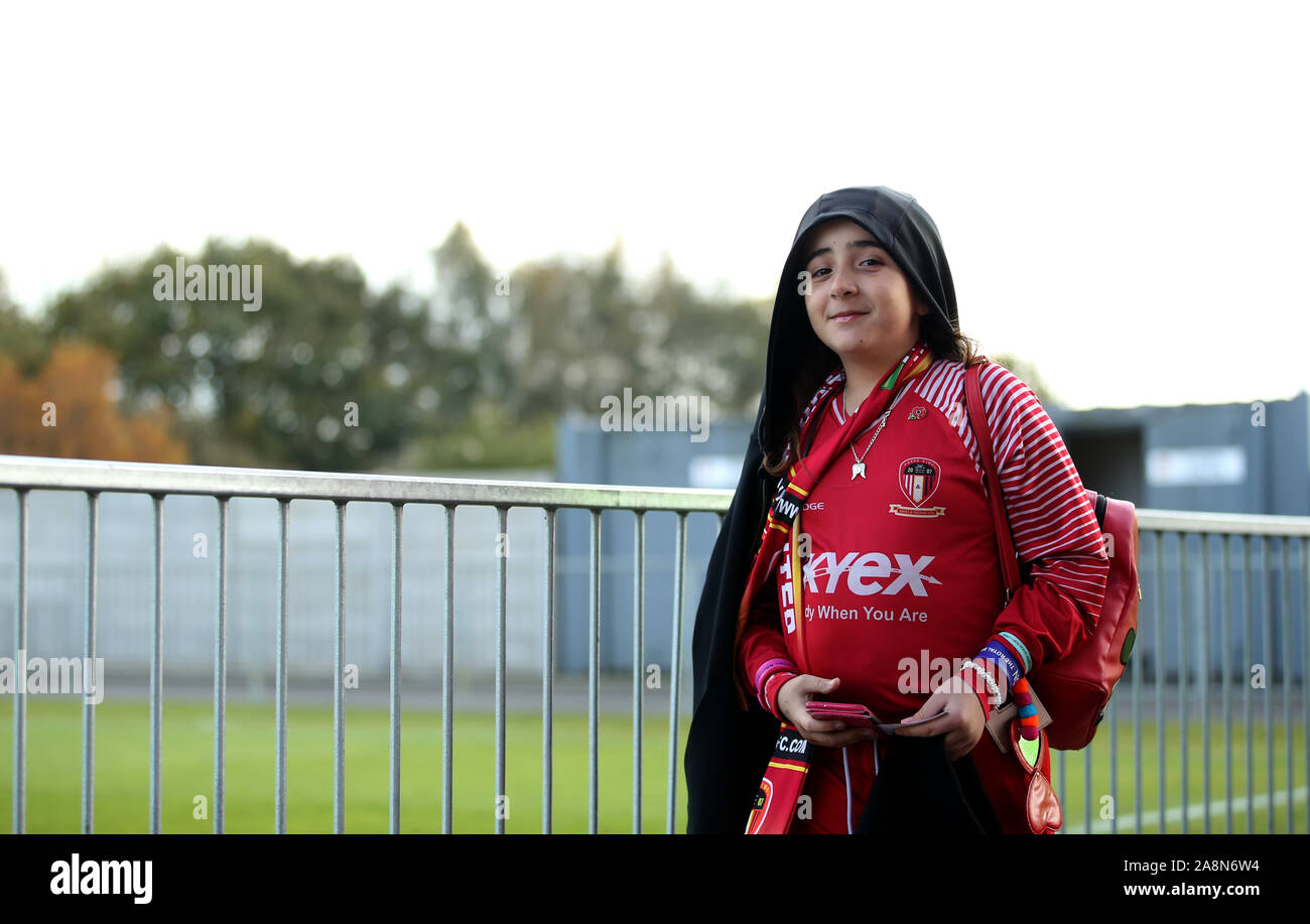 General view Hayes and Yeading fan before the FA Cup First Round match at the SKYEx Community Stadium, London. Stock Photo