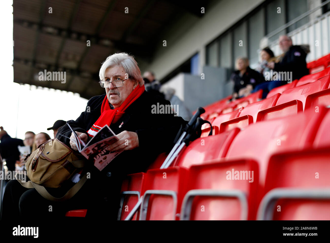 General view Hayes and Yeading fan before the FA Cup First Round match at the SKYEx Community Stadium, London. Stock Photo