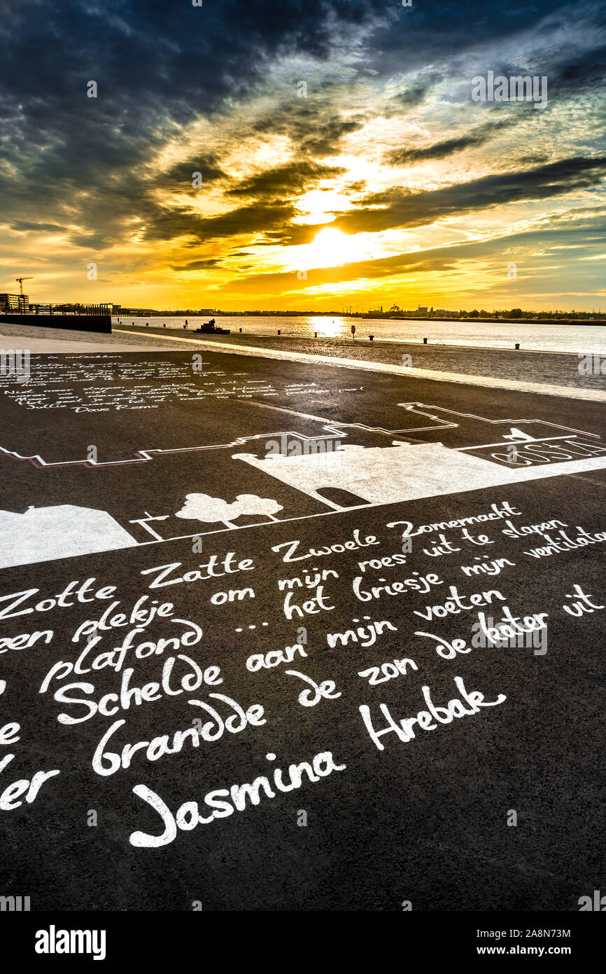 Pavement art by Jasmine Hrebak and Dave Rems on bank of Scheldt waterway - Antwerp, Belgium. Stock Photo