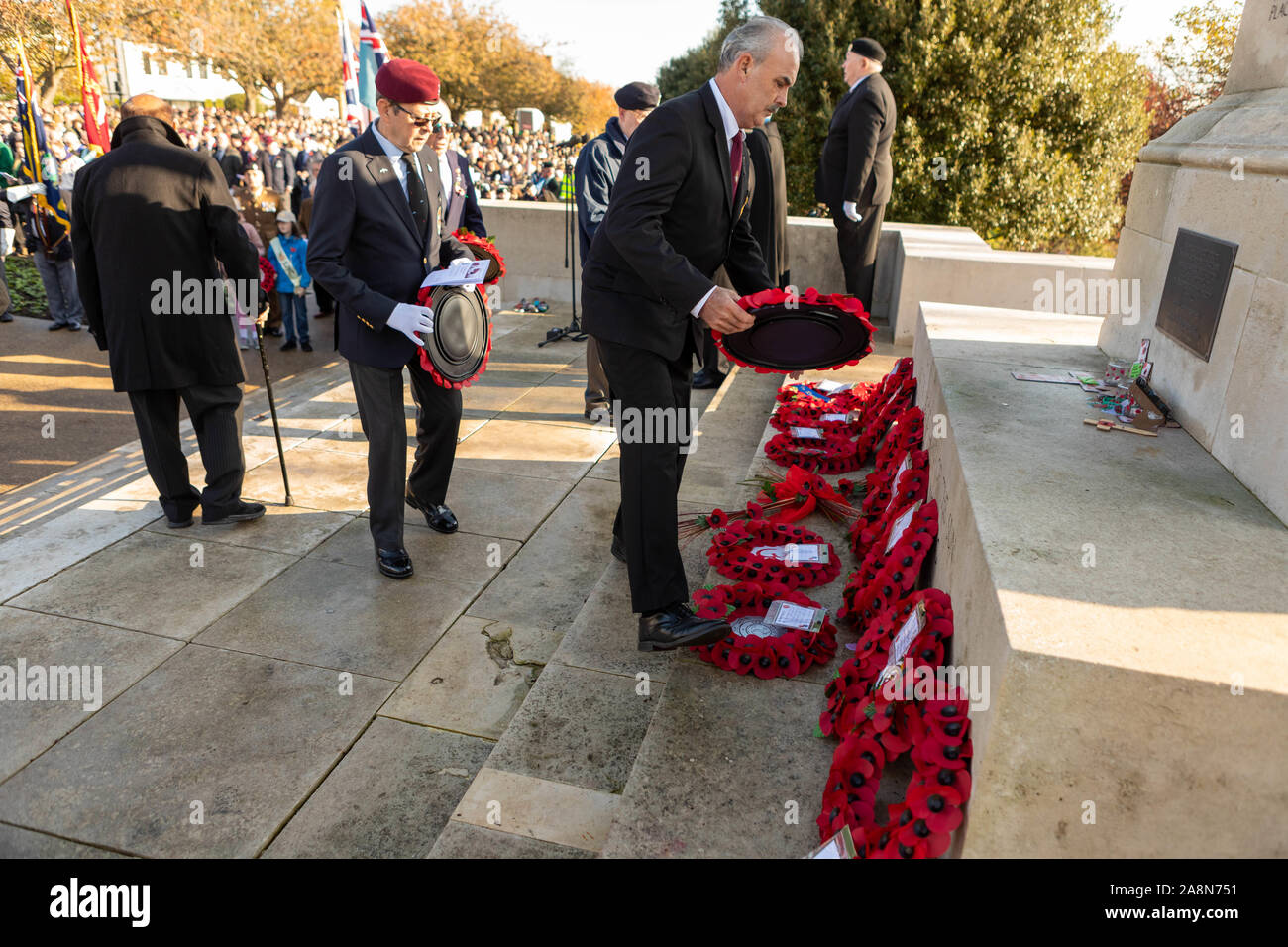 Southend on Sea, UK. 10th Nov, 2019. Remembrance Day Service at the Southend Cenotaph, Clifftown Parade, in front of the Lutyens designed war memorial. The service is attended by local dignitaries, including the Mayor Southend and both local MPs, Sir David Amess and James Dudderidge. Penelope Barritt/Alamy Live News Stock Photo