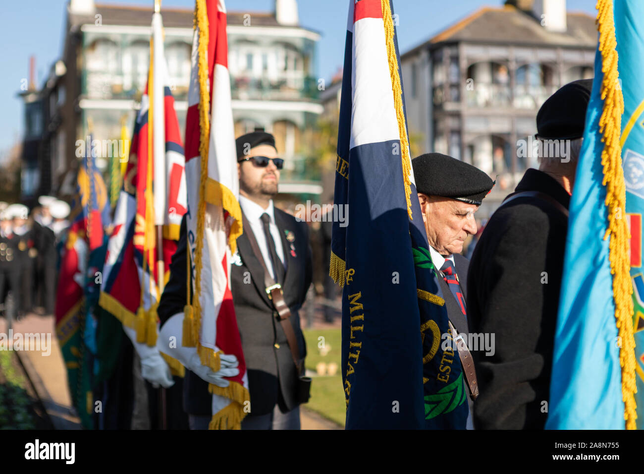 Southend on Sea, UK. 10th Nov, 2019. Remembrance Day Service at the Southend Cenotaph, Clifftown Parade, in front of the Lutyens designed war memorial. The service is attended by local dignitaries, including the Mayor Southend and both local MPs, Sir David Amess and James Dudderidge. Penelope Barritt/Alamy Live News Stock Photo