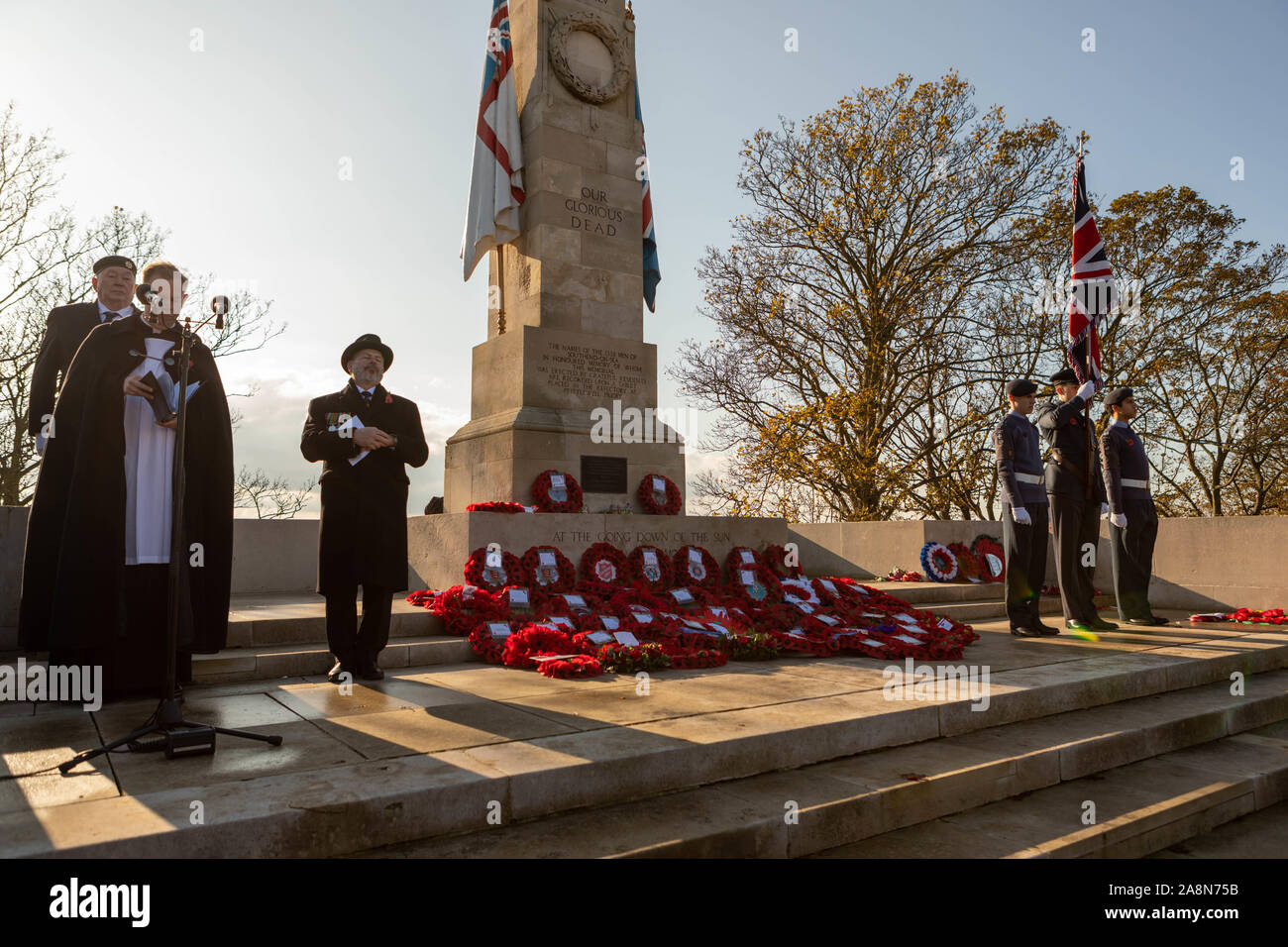 Southend on Sea, UK. 10th Nov, 2019. Remembrance Day Service at the Southend Cenotaph, Clifftown Parade, in front of the Lutyens designed war memorial. The service is attended by local dignitaries, including the Mayor Southend and both local MPs, Sir David Amess and James Dudderidge. Penelope Barritt/Alamy Live News Stock Photo