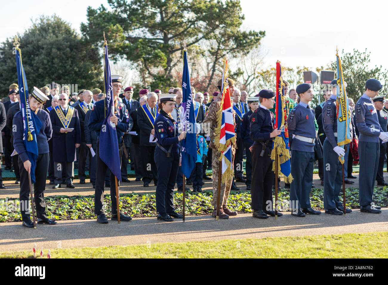 Southend on Sea, UK. 10th Nov, 2019. Remembrance Day Service at the Southend Cenotaph, Clifftown Parade, in front of the Lutyens designed war memorial. The service is attended by local dignitaries, including the Mayor Southend and both local MPs, Sir David Amess and James Dudderidge. Penelope Barritt/Alamy Live News Stock Photo