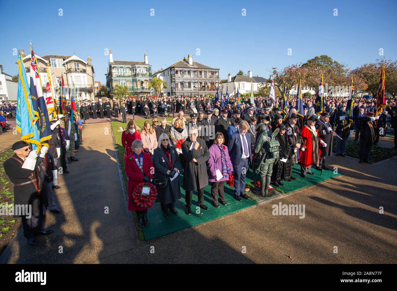 Southend on Sea, UK. 10th Nov, 2019. Remembrance Day Service at the Southend Cenotaph, Clifftown Parade, in front of the Lutyens designed war memorial. The service is attended by local dignitaries, including the Mayor Southend and both local MPs, Sir David Amess and James Dudderidge. Penelope Barritt/Alamy Live News Stock Photo