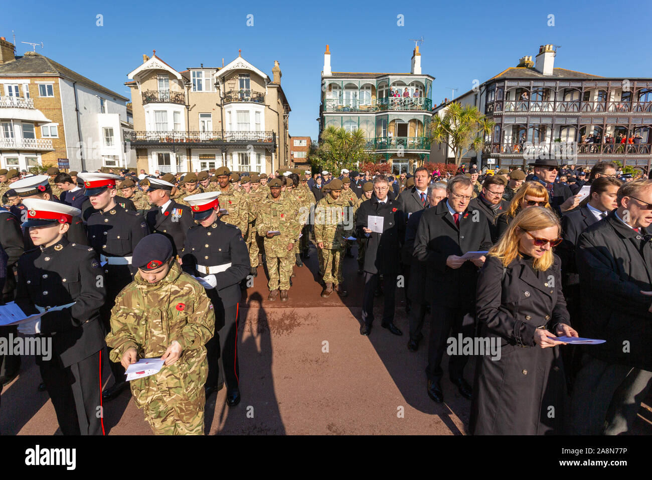 Southend on Sea, UK. 10th Nov, 2019. Remembrance Day Service at the Southend Cenotaph, Clifftown Parade, in front of the Lutyens designed war memorial. The service is attended by local dignitaries, including the Mayor Southend and both local MPs, Sir David Amess and James Dudderidge. Penelope Barritt/Alamy Live News Stock Photo