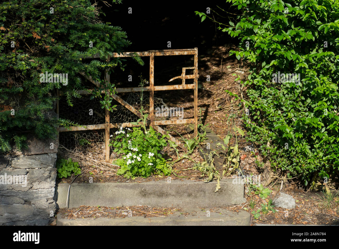 Altes rostiges Gartentor, Tür, mit einer Stein Treppe im Garten Stock Photo