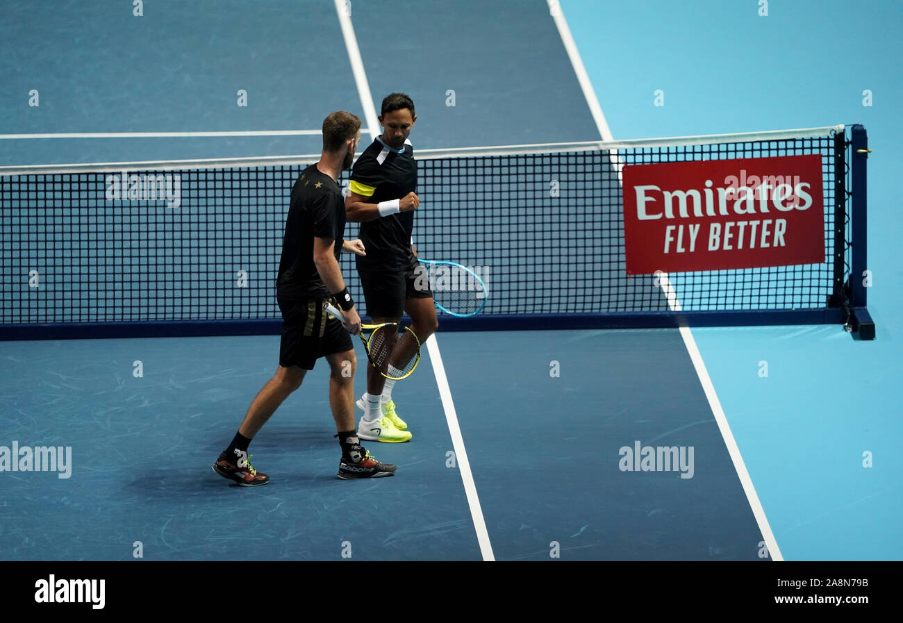 Raven Klaasen (right) and Michael Venus celebrate winning the tie on day one of the Nitto ATP Finals at The O2 Arena, London. Stock Photo