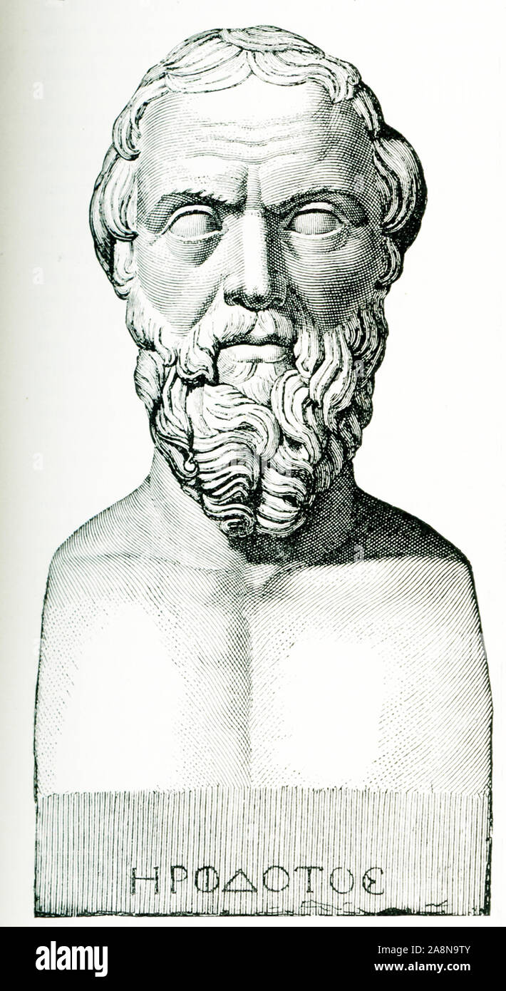 This image is from 1897 and is a copy of a bust of Herodotus (his name in the Greek alphabet below). Herodotus (c. 484 – c. 425 BC) was an ancient Greek historian who was born in Halicarnassus in the Persian Empire. He is known for having written the book The Histories, a detailed record of his 'inquiry' on the origins of the Greco-Persian Wars Stock Photo