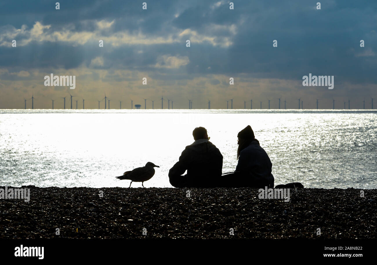 Brighton UK 10th November 2019 - Visitors and a seagull enjoy a beautiful sunny Autumn day on Brighton beach but more unsettled weather with rain is forecast from tomorrow onwards in the UK . In the background on the horizon is the Rampion Wind Farm: Credit Simon Dack / Alamy Live News Stock Photo
