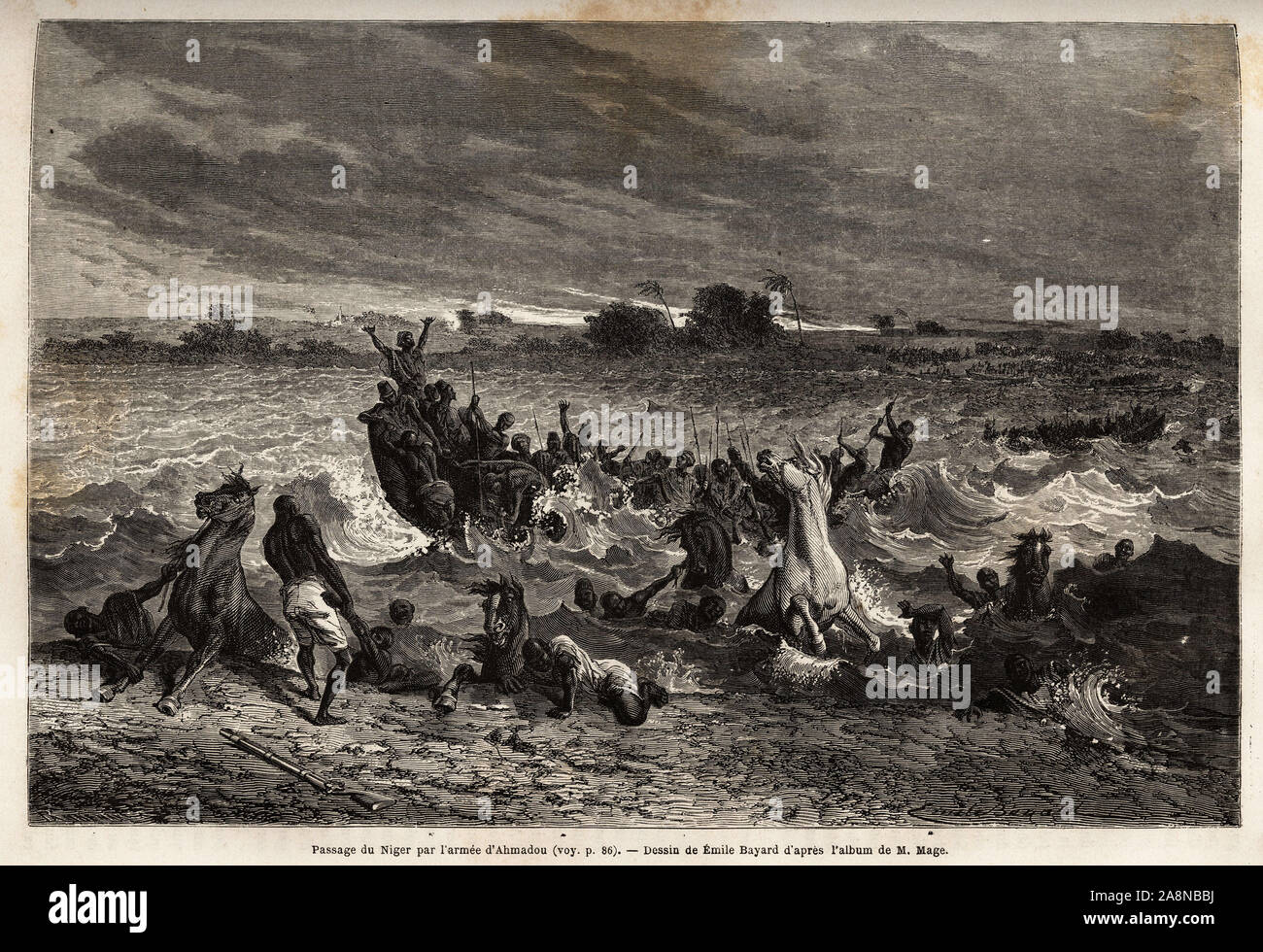 Le transport de l'armee du roi Ahmadou, sur le fleuve Niger pendant la saison des pluies lui cause de nombreux naufrages et beaucoup de pertes de chev Stock Photo