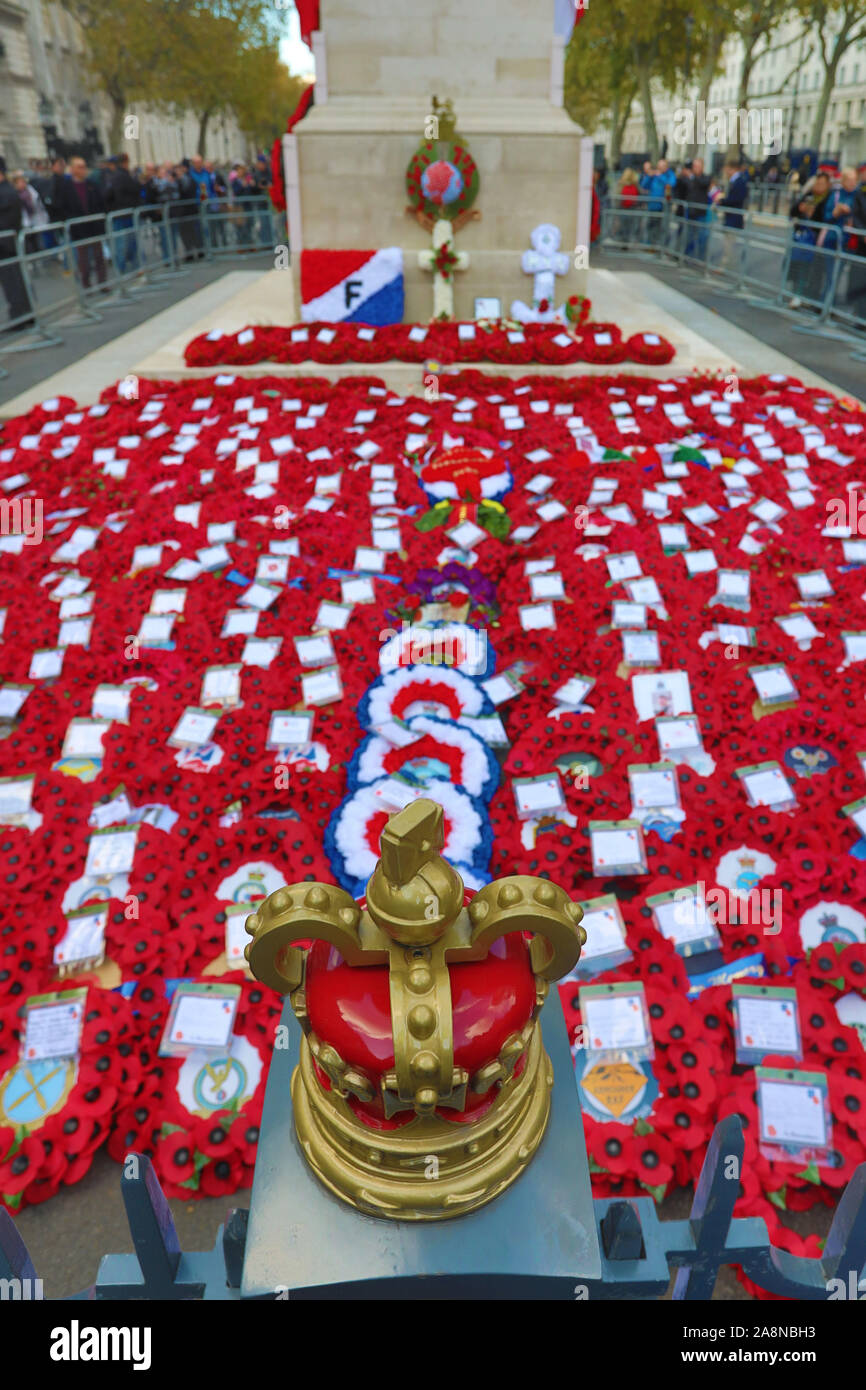 London, UK. 10th November 2019. Poppy Wreaths around the Cenotaph on Remembrance Sunday, Whitehall, London Credit: Paul Brown/Alamy Live News Stock Photo