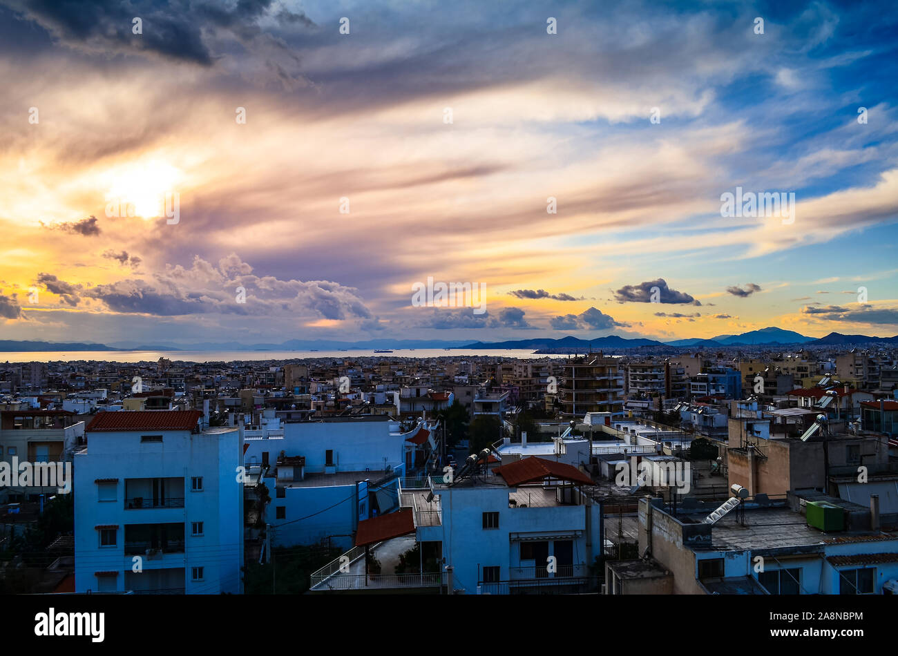 Amazing aerial view over Athens city, Greece during winter season at sunset. Stock Photo