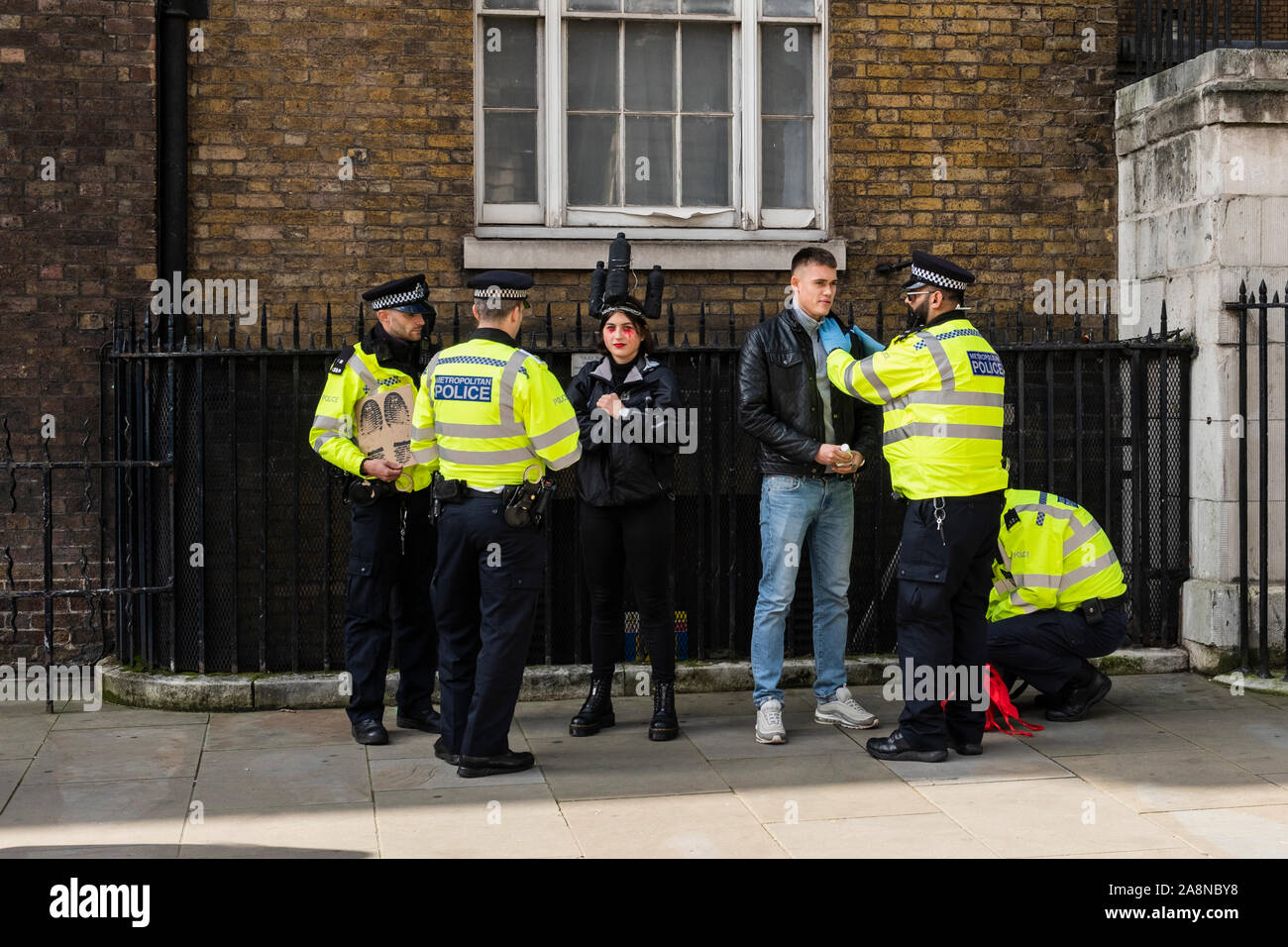 Metropolitan police officers carrying out their duties during the Extinction Rebellion protest in Central London, England, U.K. Stock Photo