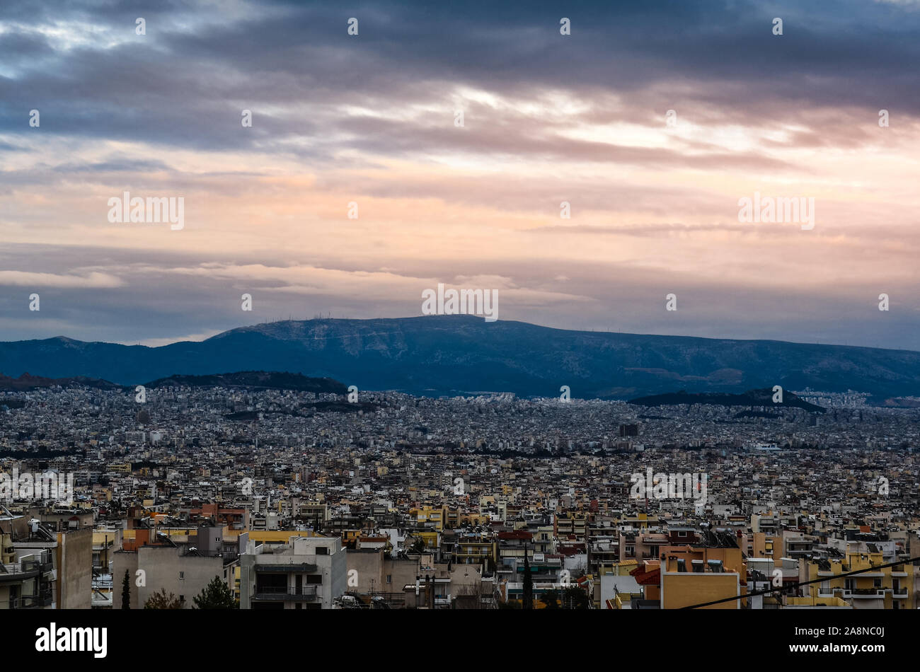 Amazing aerial view over Athens city, Greece during winter season at sunset. Stock Photo