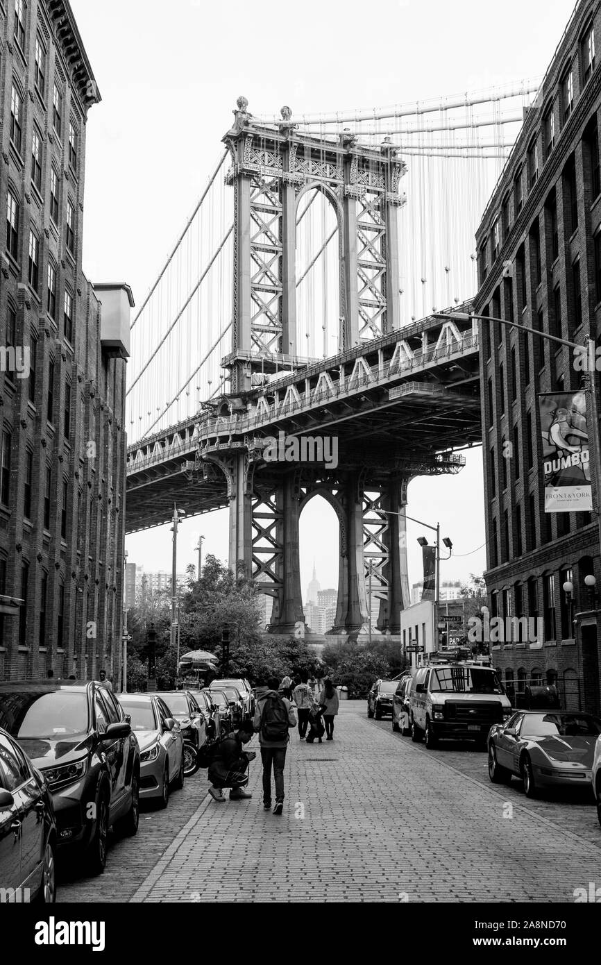 Manhattan bridge photographed from Washington Street, Dumbo, Brooklyn, New York, United States of America. Stock Photo