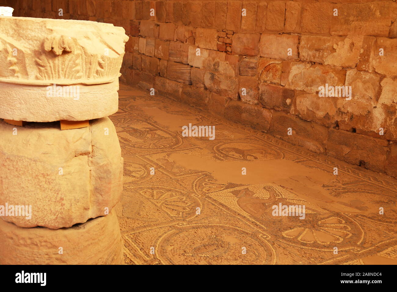 Fisherman mosaic, South Aisle, Byzantine Church, Petra, Wadi Musa, Ma'an Governorate, Jordan, Middle East Stock Photo