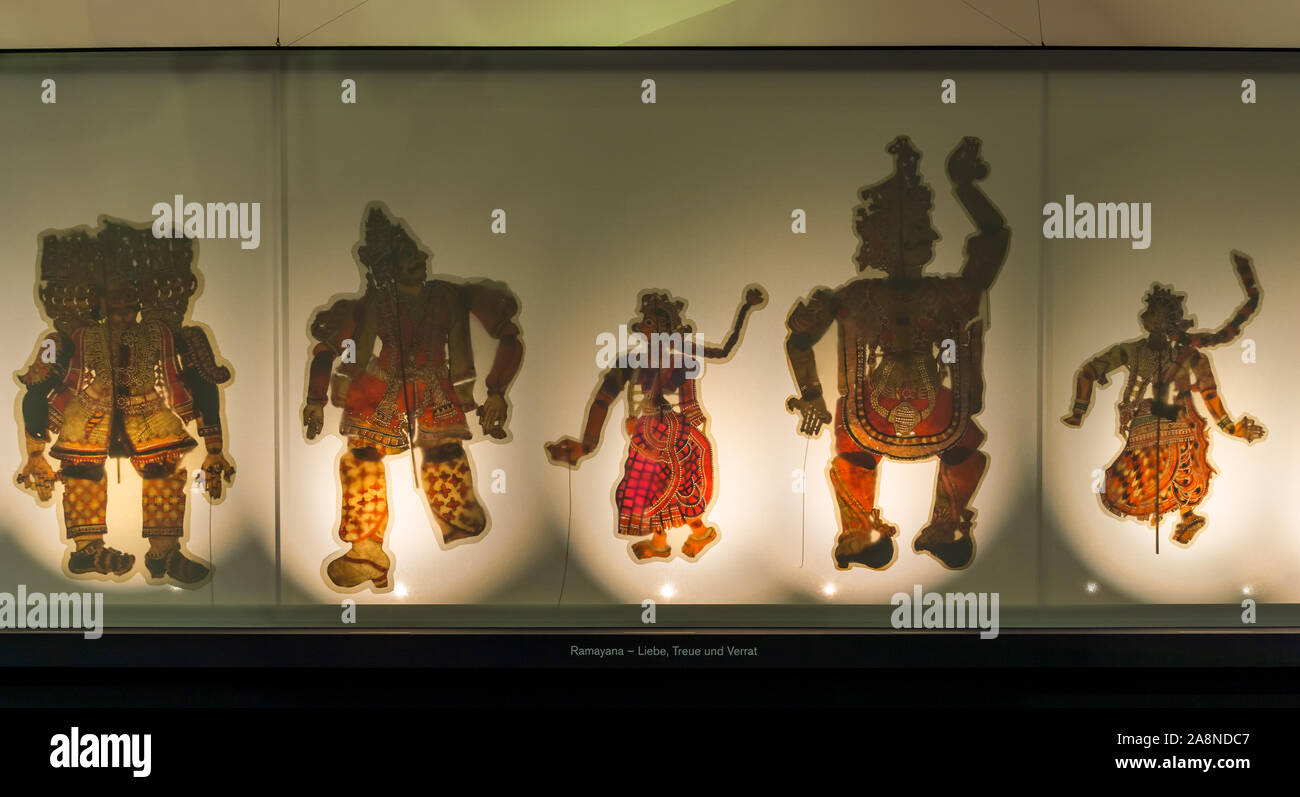 Indian shadow play figures from Andhra Pradesh, south India representing Rama and Sita, Ramayana epic, Museum of Cultures, Basel, Switzerland. Stock Photo