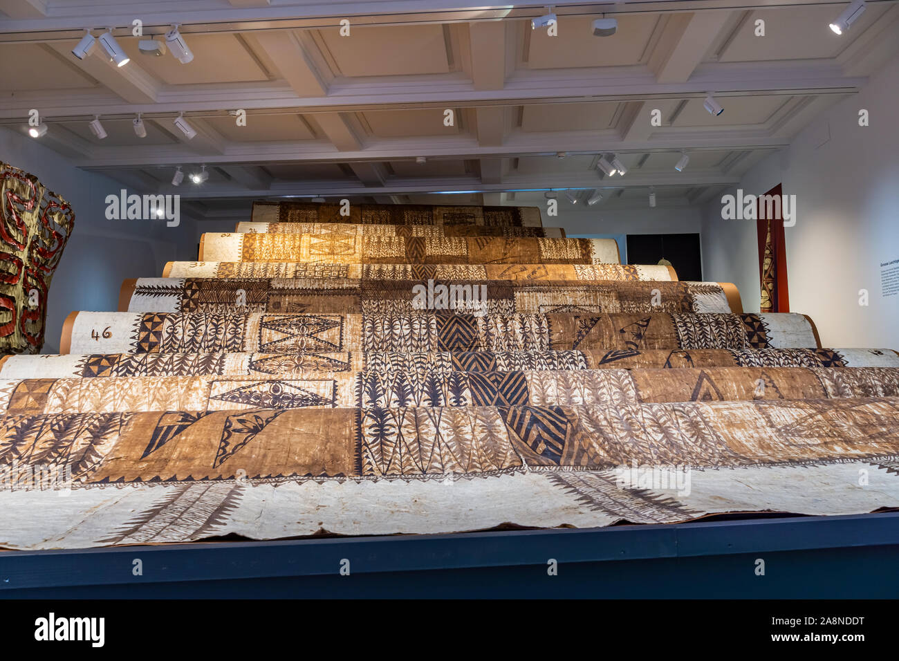 Huge bark cloth launima from Tonga, Polynesia. Fabrics exhibited at Basel Museum of Cultures, Switzerland. Stock Photo