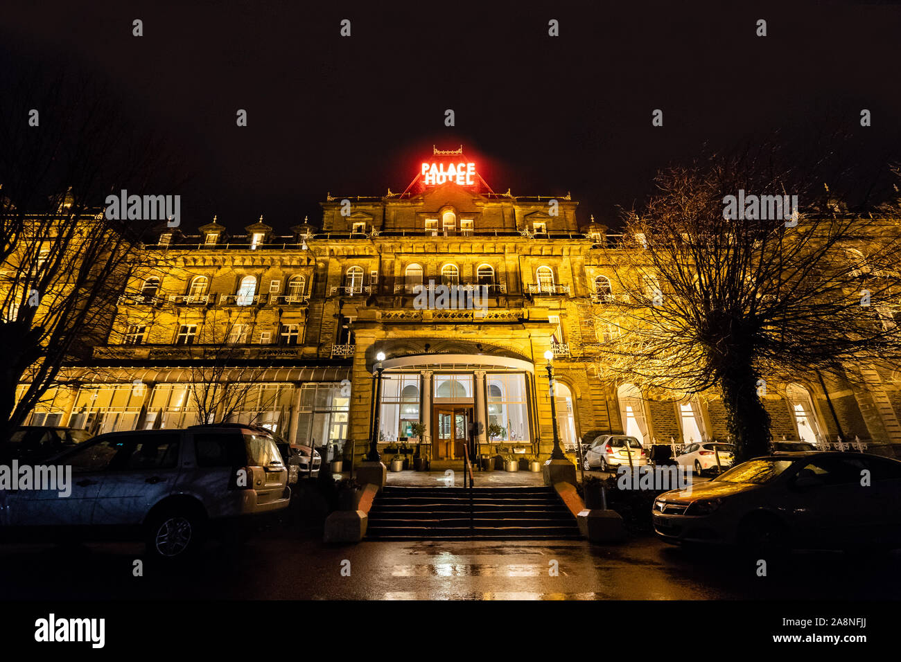 The Palace Hotel in Buxton Front entrance view at night of the the