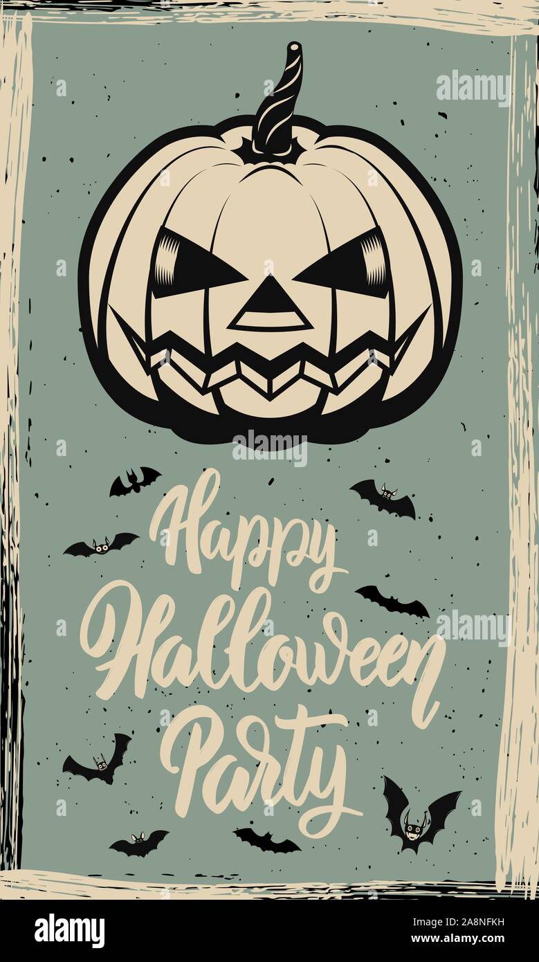 Flyer template of Halloween party. Evil pumpkin on grunge background. Design element for poster, card, banner. Vector illustration Stock Vector