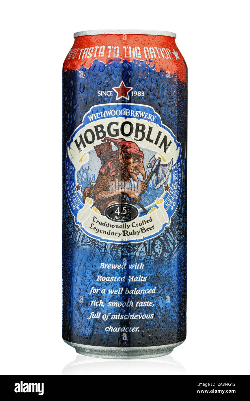 Kiev, Ukraine - October 30, 2019. Beer  Hobgoblin from the producer Wychwood Brewery, United Kingdom. English Bright Ale. Isolated on white. Clipping Stock Photo