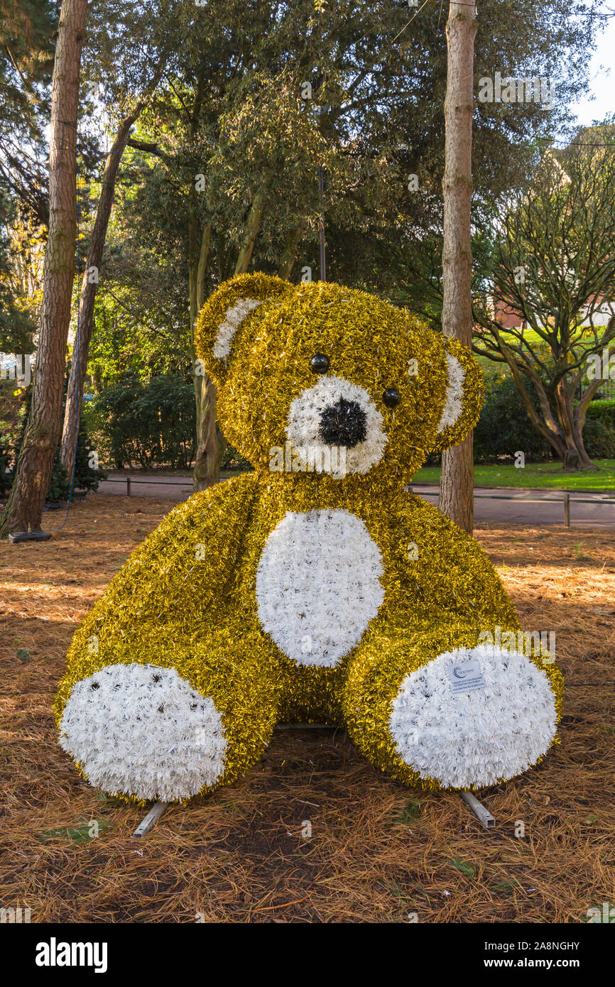 Bournemouth, Dorset UK. 10th November 2019. Bournemouth's getting ready for Christmas with preparations underway in Bournemouth Gardens for Bournemouth Christmas Tree Wonderland. Giant tinsel teddy bear. Credit: Carolyn Jenkins/Alamy Live News Stock Photo