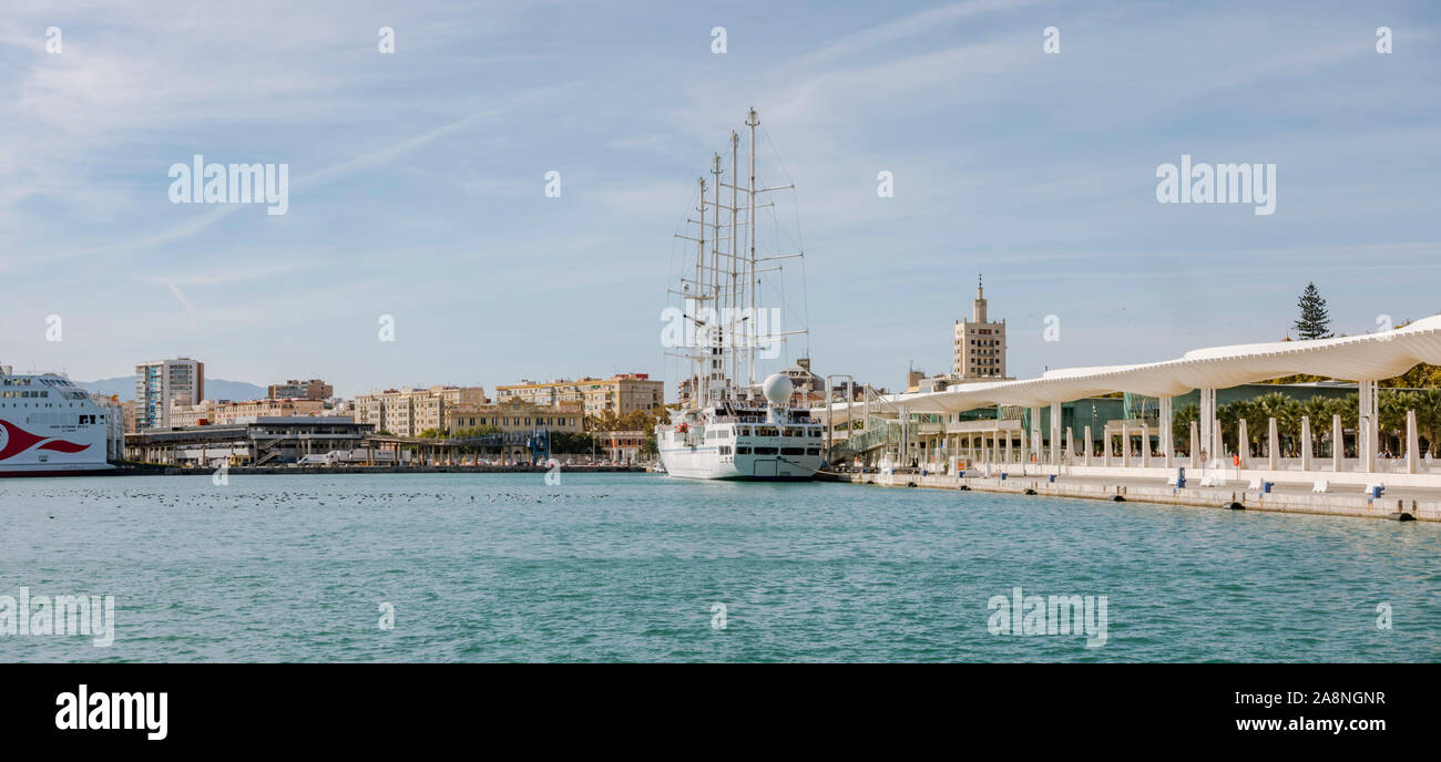 Cruise four masted sailing ship MSY Wind Star, moored in port of Malaga, Andalusia, Spain Stock Photo