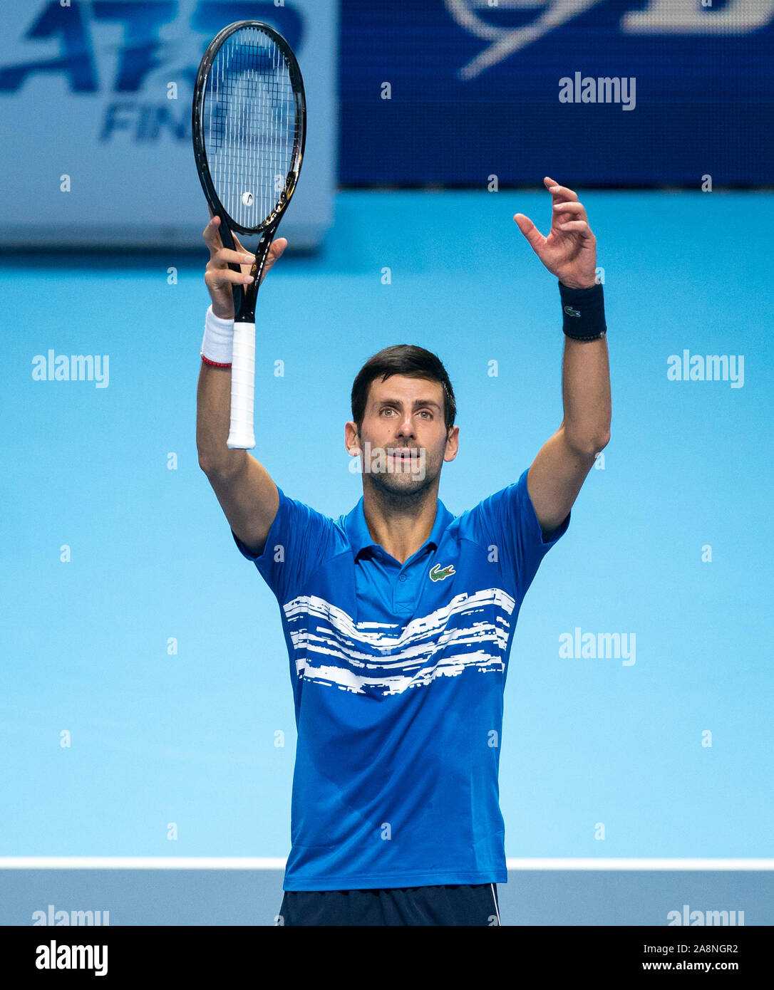 London, UK. 10th Nov, 2019. Novak DJOKOVIC (Serbia) wins his first match  during the Nitto ATP Tennis Finals London at The O2, London, England on 10  November 2019. Photo by Andy Rowland.