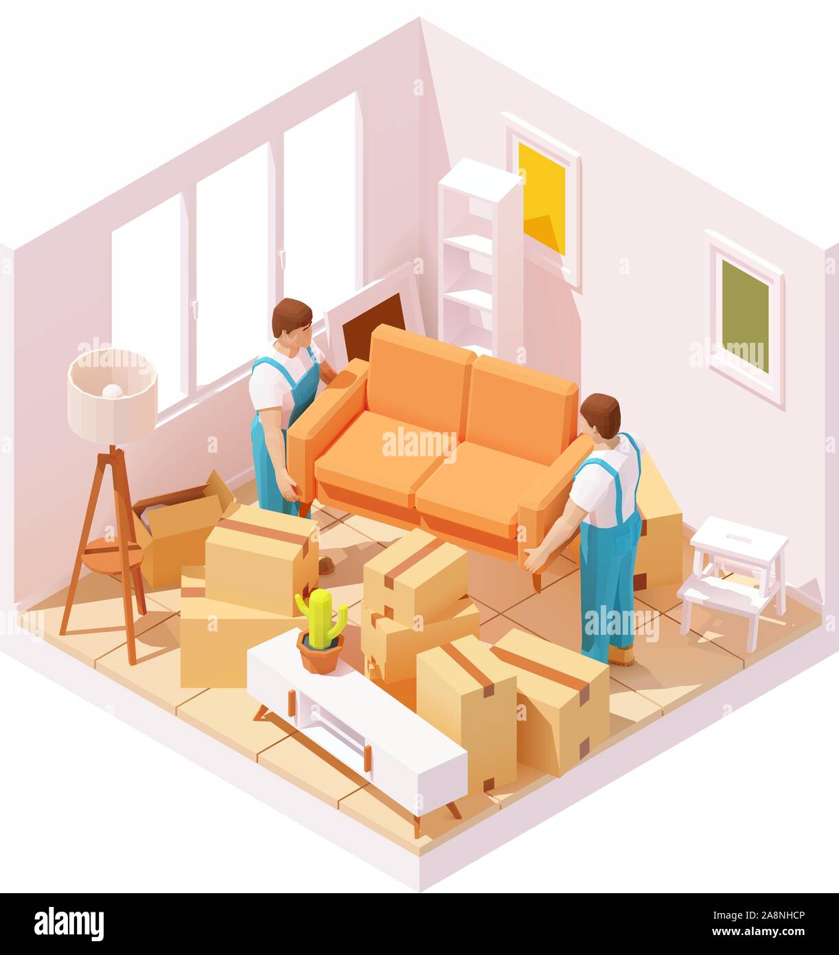 Vector isometric movers carrying sofa in room Stock Vector