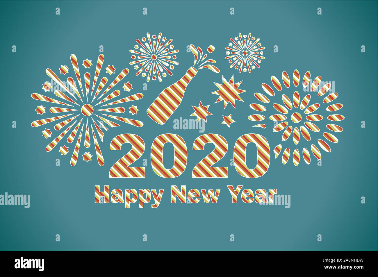 Picture for the New Year. Inscription Happy New Year 2020 and fireworks in illustration. Stock Photo