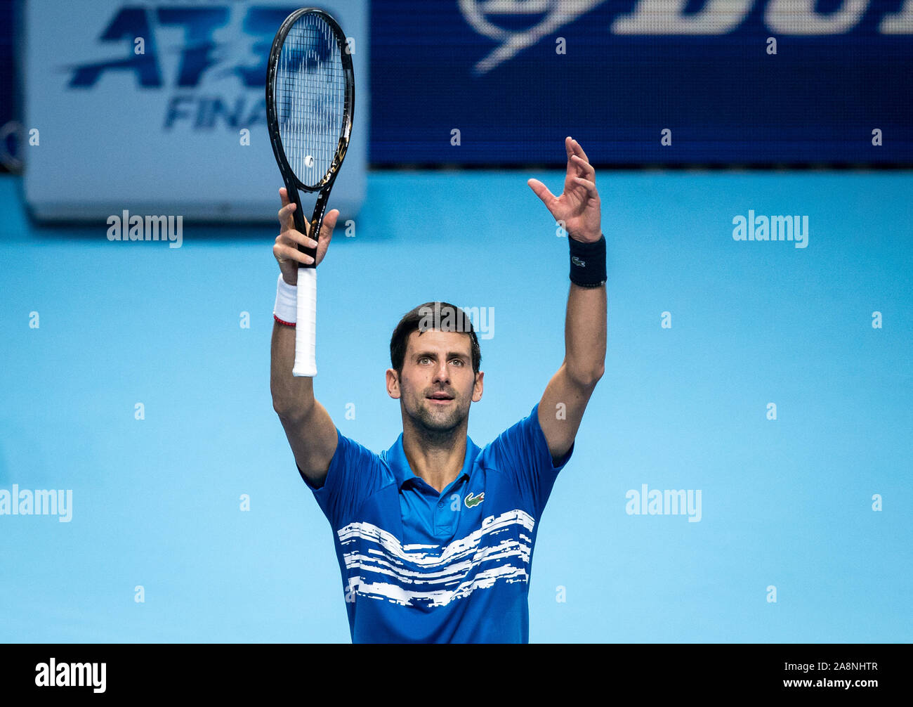 London, UK. 10th Nov, 2019. Novak DJOKOVIC (Serbia) celebrates his win over  Matteo BERRETTINI (Italy) in the first group match during the Nitto ATP  Tennis Finals London at The O2, London, England