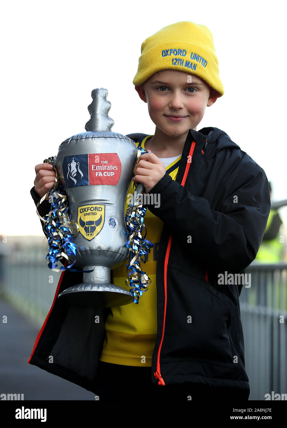 Oxford United fan during the FA Cup First Round match at the SKYEx Community Stadium, London. Stock Photo