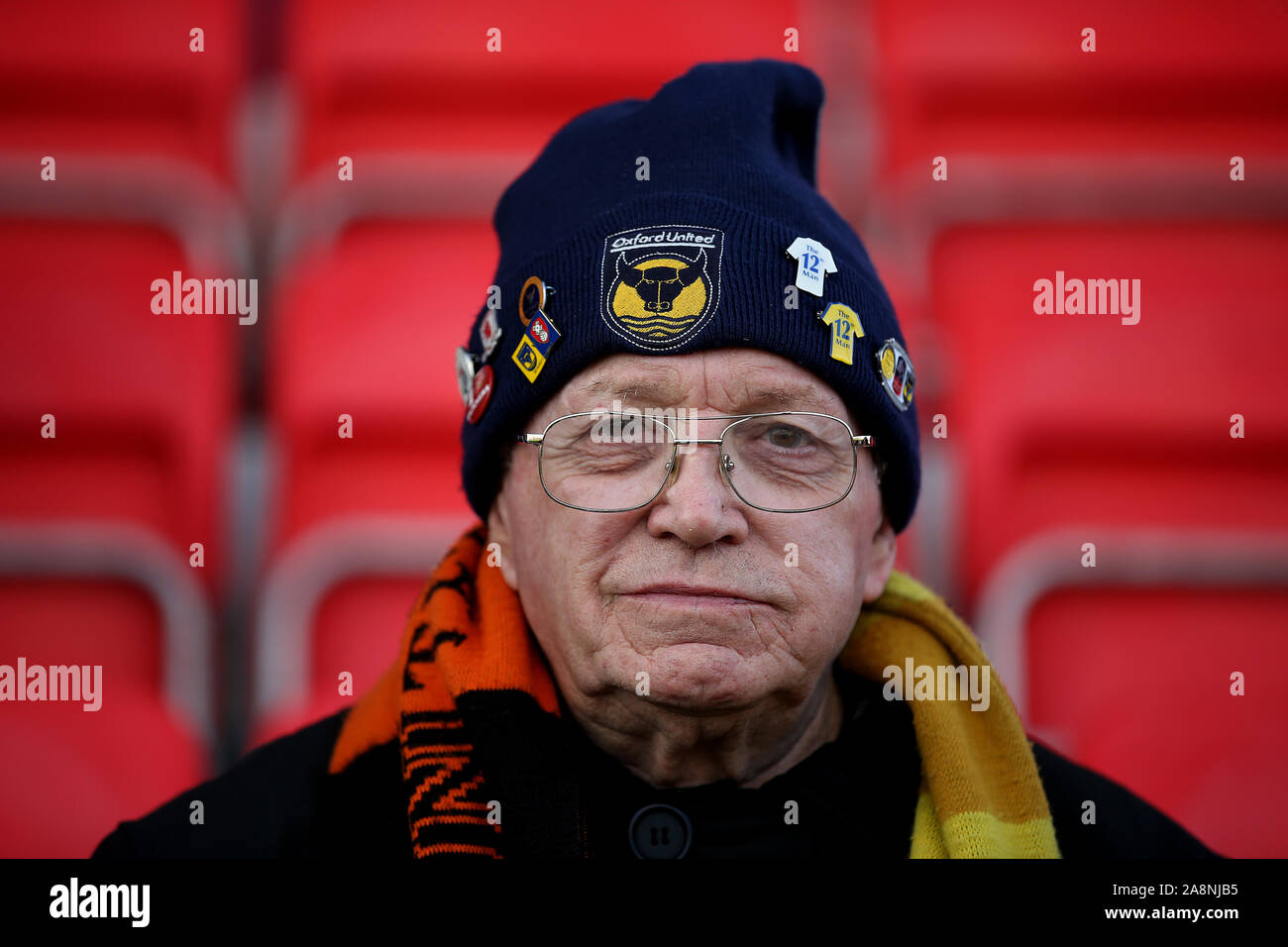Oxford United fan during the FA Cup First Round match at the SKYEx Community Stadium, London. Stock Photo