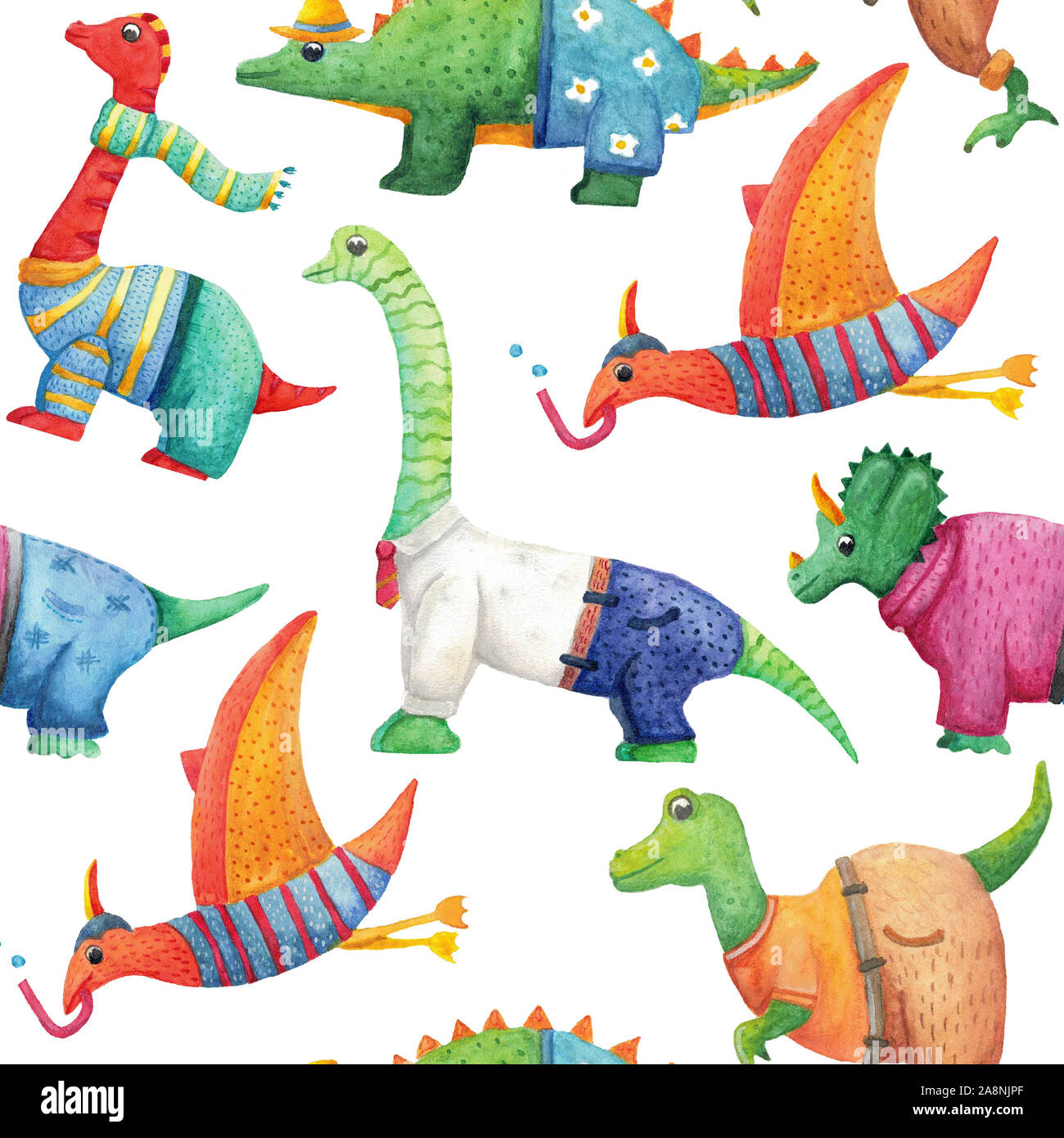Seamless pattern with cute watercolor dinosaurs in clothes. Stock Photo