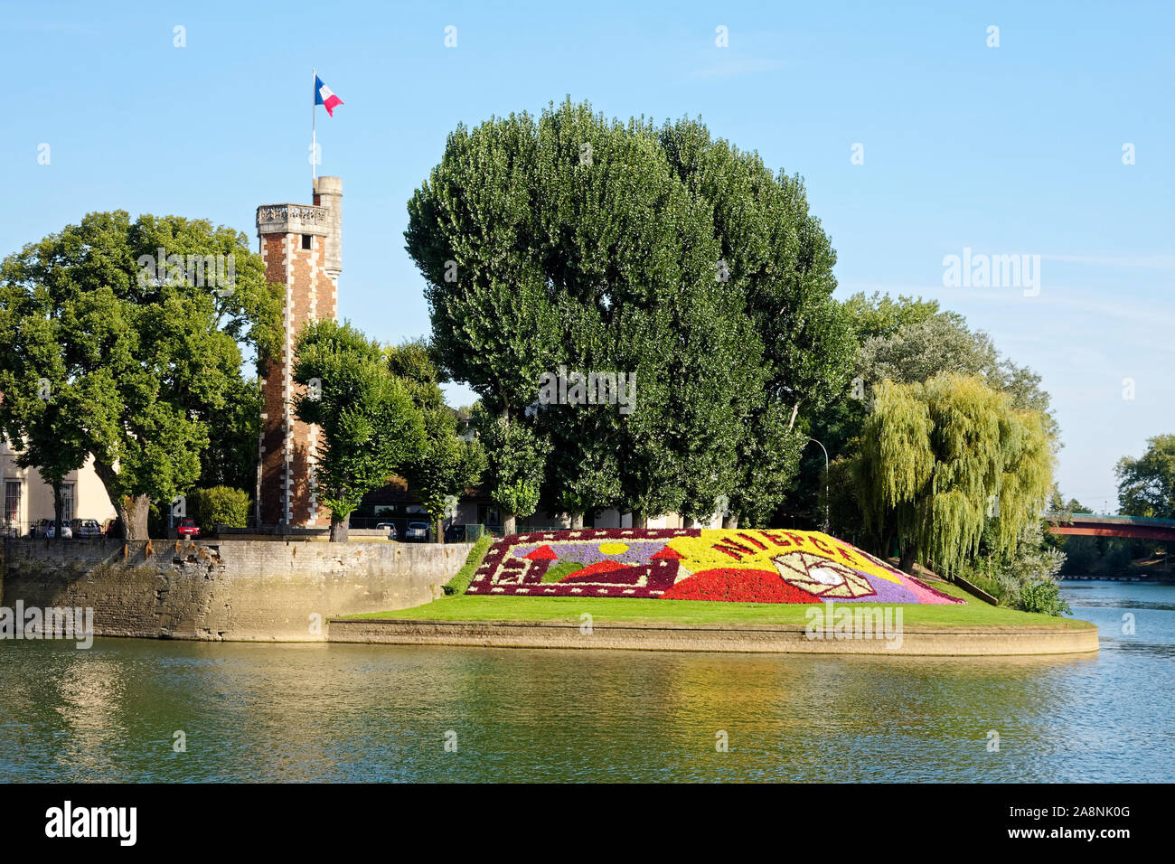 landscape, Niepce flower garden, artistic, colorful, Doyenne Tower, waterways, French flag, Burgundy; Ile Saint Laurent; Chalon sur Soane; France; sum Stock Photo