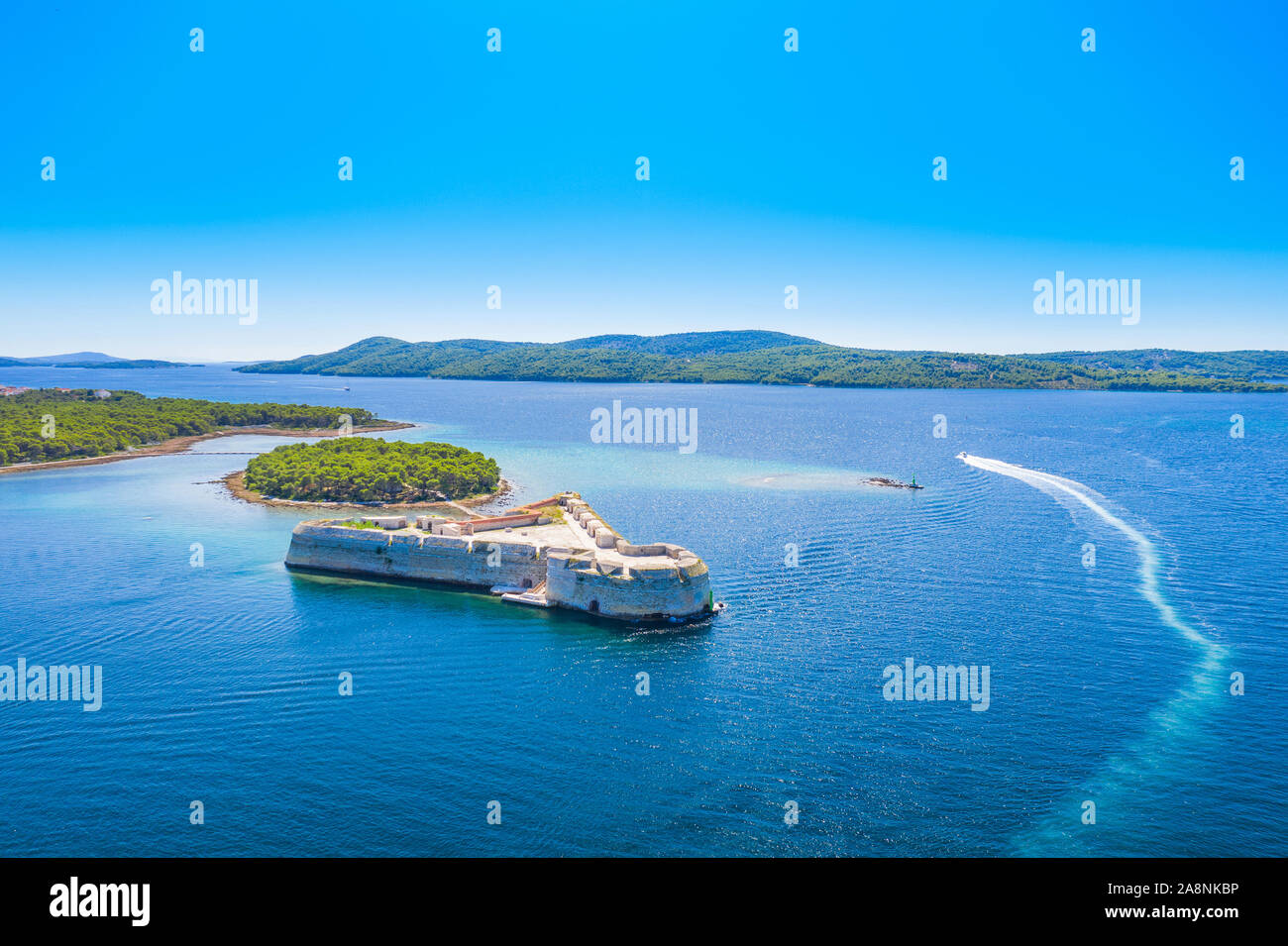 Saint Nicholas fortress at Sibenik bay entrance, Dalmatia, Croatia, drone aerial shot of beautiful blue coastline seascape Stock Photo