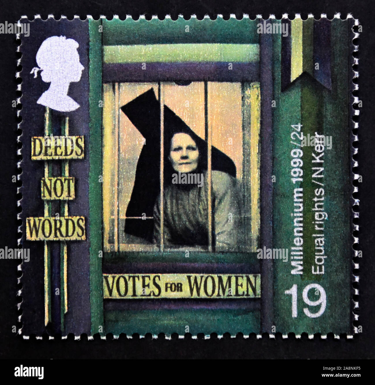 Postage stamp. Great Britain. Queen Elizabeth II. Millennium Series. The Citizen's Tale. Suffragette behind Prison Window (Equal Rights for Women). Stock Photo