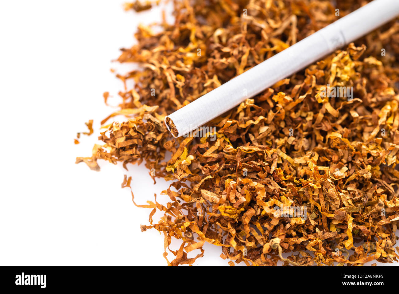 dry cigarettes cigarette close-up on a background of dry tobacco Stock Photo