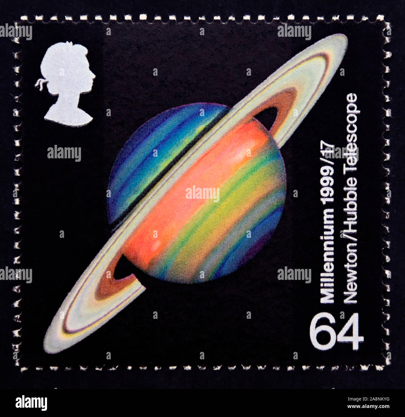 Postage stamp. Great Britain. Queen Elizabeth II. Millennum Series. The Scientist's Tale.Saturn (development of astronomical telescopes). 64p. Stock Photo