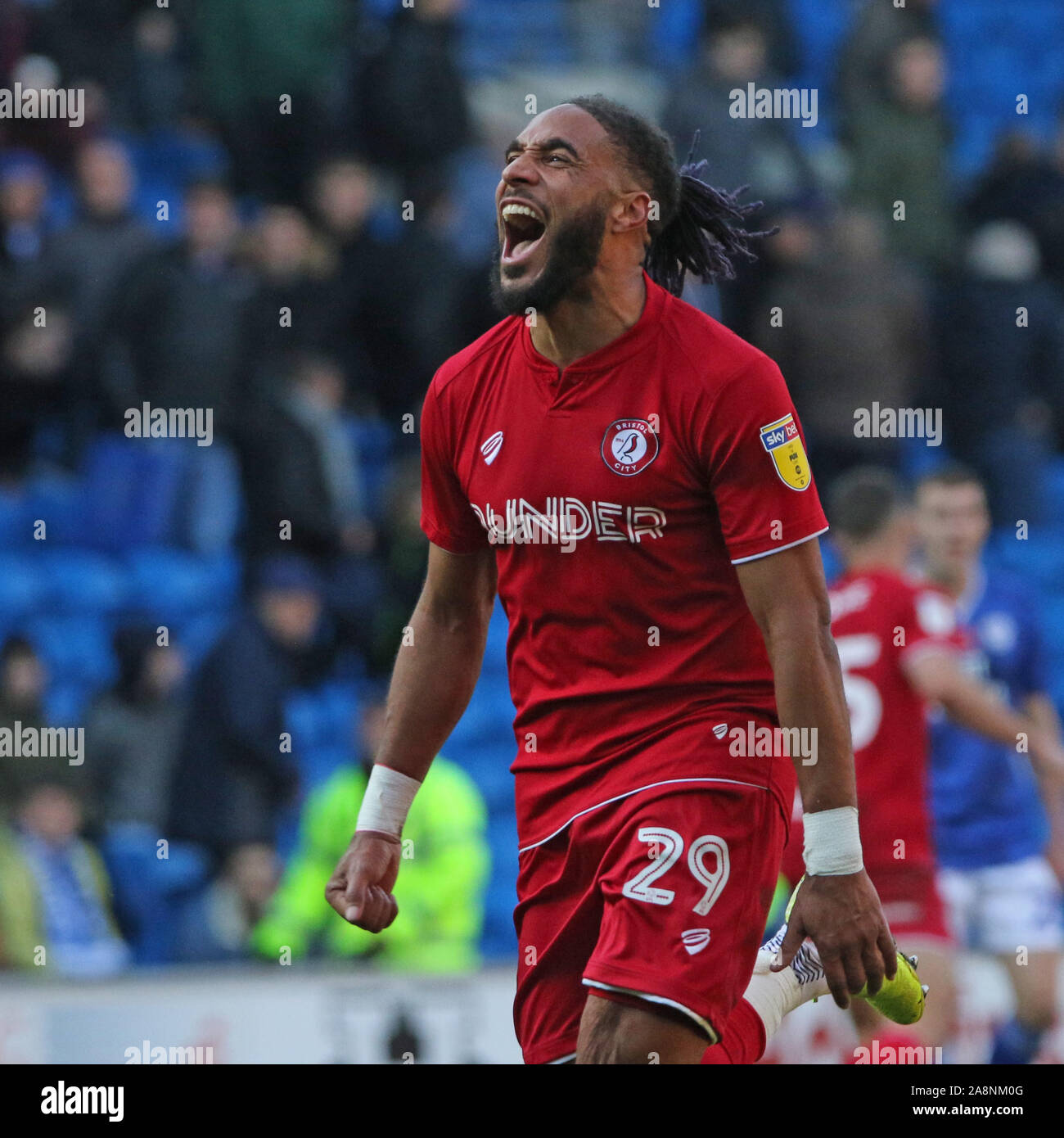 Cardiff, UK. 10th Nov, 2019. Ashley Williams of Bristol City savours winning during the EFL Sky Bet Championship match between Cardiff City and Bristol City at the Cardiff City Stadium, Cardiff, Wales on 10 November 2019. Photo by Dave Peters. Editorial use only, license required for commercial use. No use in betting, games or a single club/league/player publications. Credit: UK Sports Pics Ltd/Alamy Live News Stock Photo